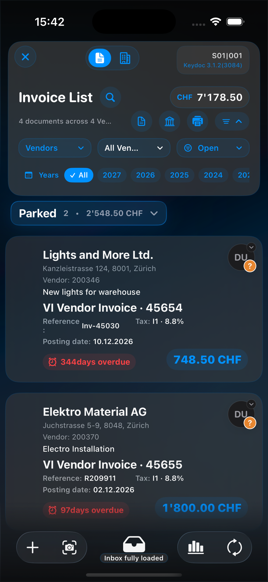 Bildschirmdarstellung der Keydoc-App: Rechnungsübersicht